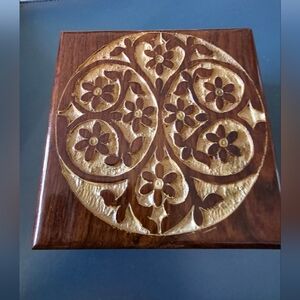 Hand-carved wooden box  featuring a Floral Mandala design.